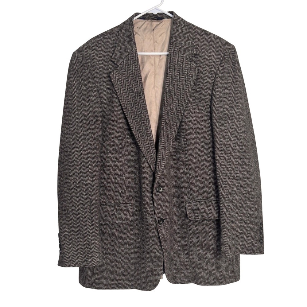 VTG Lands' End Herringbone Tweed Sport Coat Blazer Men 43L Brown Wool Lambswool